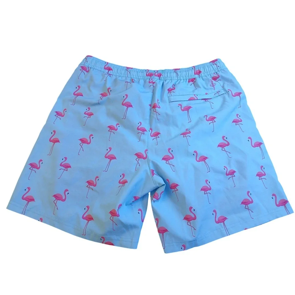 LRD Performance Mens Flamingo Print Swim Trunks Blue Pink Compression Liner Sz M